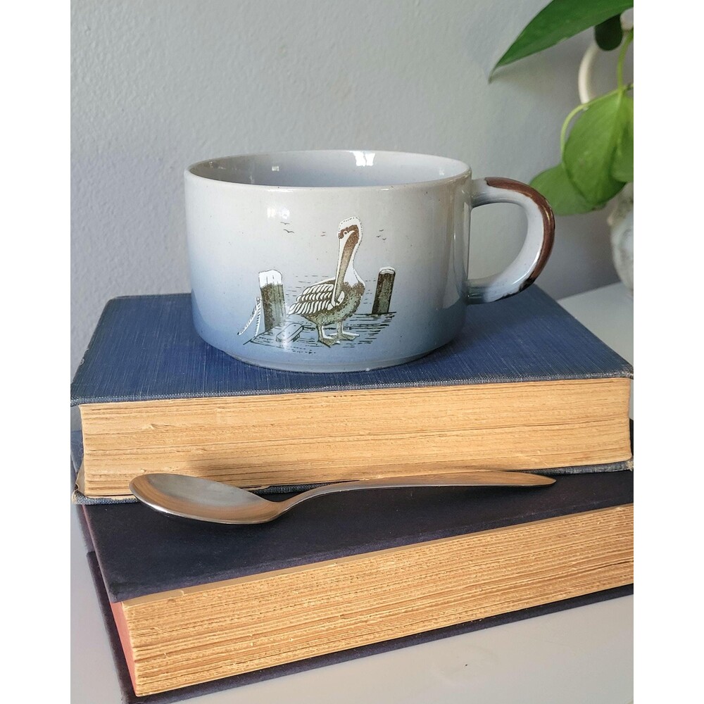Vintage Otagiri Speckled Stoneware Pelican Soup Bowl Mug Blue Handle Japan